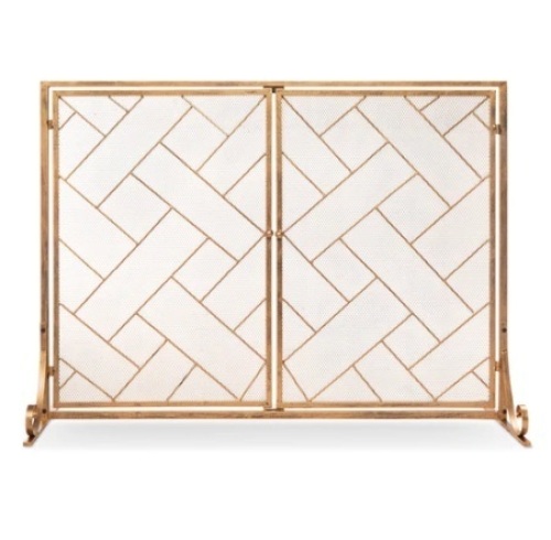2-Panel Wrought Iron Geometric Fireplace Screen w/ Magnetic Doors, 44x33in, Gold, Appears New - Lot 210