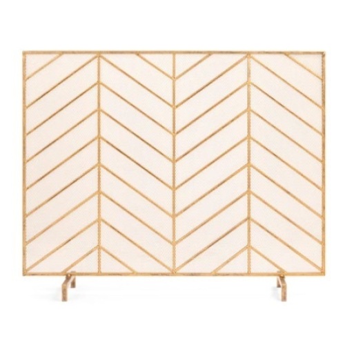 Single Panel Iron Chevron Fireplace Screen w/ Antique Finish, 38x31in, Gold, Appears New - Lot 212