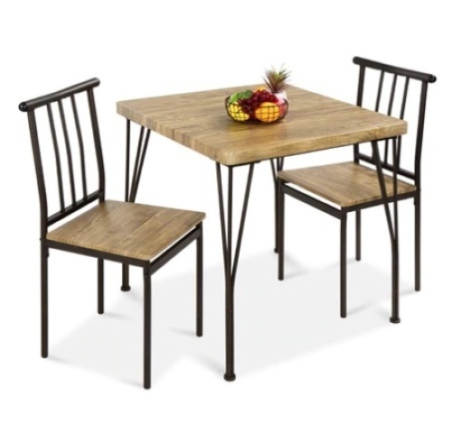 3-Piece Metal Wood Square Dining Table Furniture Set w/ 2 Chairs, Brown, Appears New - Lot 218