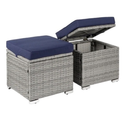 Set of 2 Wicker Ottomans, Multipurpose w/ Removable Cushions & Steel Frame, Navy/Gray, Appears New - Lot 223