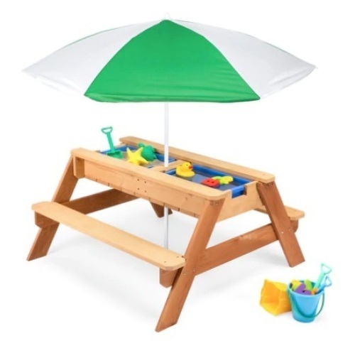 3-in-1 Kids Sand & Water Table Outdoor Wood Picnic Table w/ Umbrella, Appears New - Lot 231