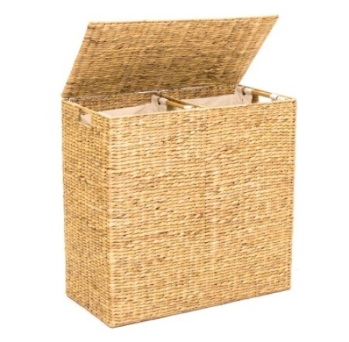 Extra Large Water Hyacinth Double Laundry Hamper Basket w/ 2 Liner Bags, Brown, Appears New - Lot 246