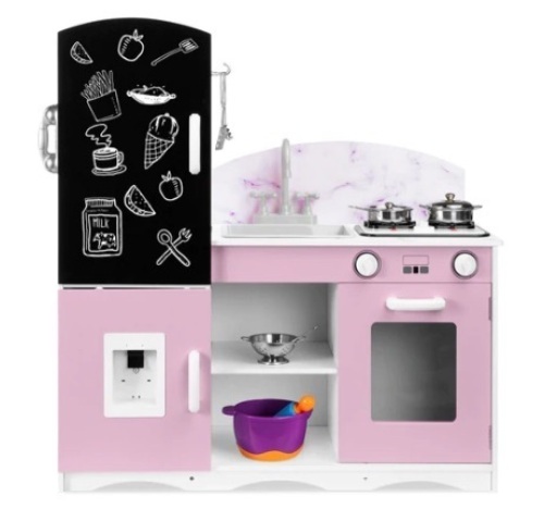 Kids Pretend Play Kitchen Cook Toy Set w/ Chalkboard, Sounds, Accessories, Pink, Appears New - Lot 259