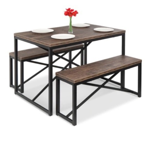 3-Piece Bench Style Dining Furniture Set w/ 2 Benches, Table, 45.5in, Brown/Black, Appears New/Damaged Box - Lot 265