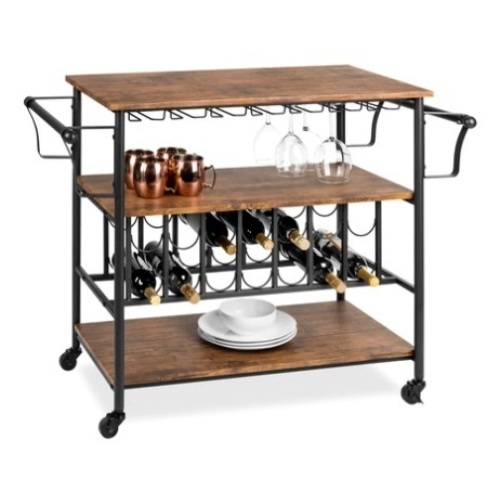 45in Industrial Wood Shelf Bar & Wine Cart w/ Bottle & Glass Racks, Appears New - Lot 275