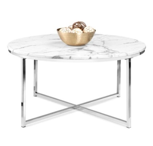 Round Coffee Table w/ Faux Marble Top, Metal Frame, 36in, Chrome, Appears New - Lot 296