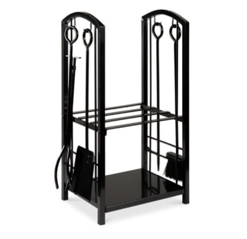 5-Piece Firewood Log Rack Holder Tools Set w/ Hook, Broom, Shovel, Tongs, Black, Appears New - Lot 299
