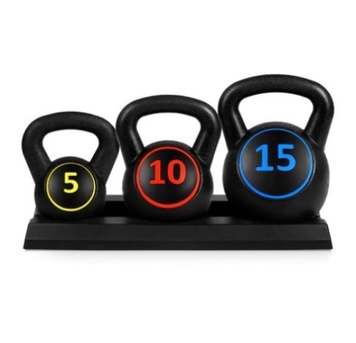3-Piece Kettlebell Exercise Fitness Weight Set w/ Storage Rack, Appears New/Damaged Box - Lot 301