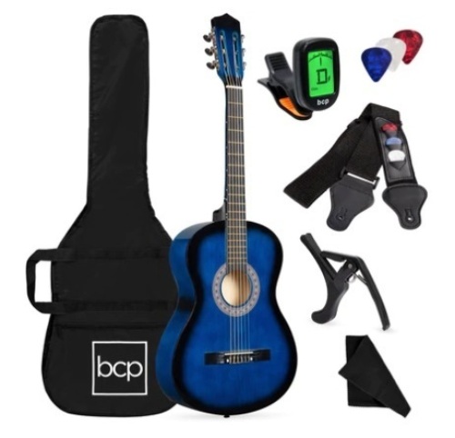 Beginner Acoustic Guitar Set w/ Case, Strap, Digital Tuner, Strings, 38in, Blueburst, Appears New - Lot 315