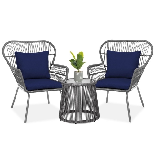 3-Piece Patio Wicker Conversation Bistro Set w/ 2 Chairs, Glass Top Table - Lot 503
