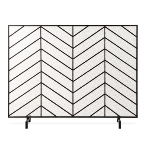 Single Panel Iron Chevron Fireplace Screen w/ Antique Finish, 38x31in, Satin Black, Appears New/Damaged Box - Lot 602
