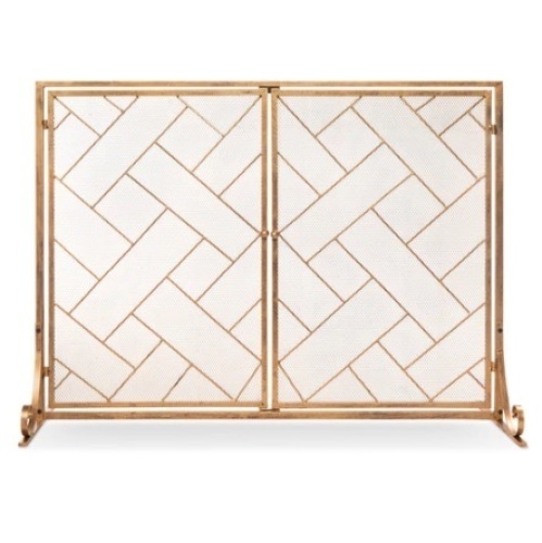 2-Panel Wrought Iron Geometric Fireplace Screen w/ Magnetic Doors, 44x33in, Gold, Appears New - Lot 606