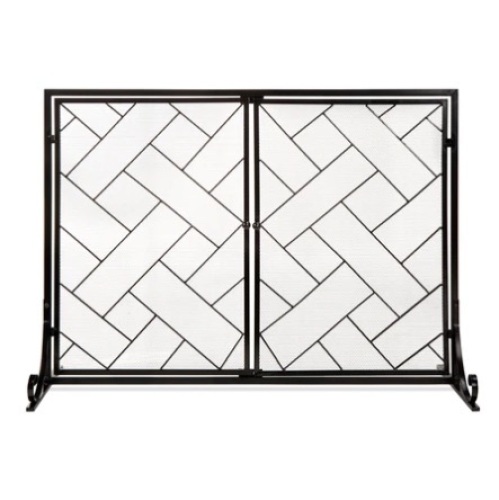 2-Panel Wrought Iron Geometric Fireplace Screen w/ Magnetic Doors, 44x33in, Black, Appears New - Lot 610