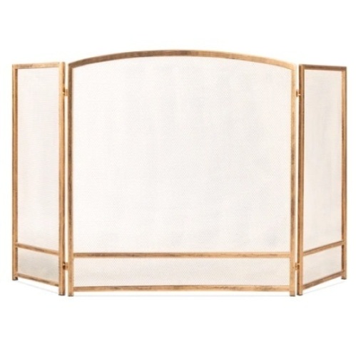 3-Panel Simple Steel Mesh Fireplace Screen w/ Rustic Worn Finish, 47x29in, Antique Gold, Appears New - Lot 614