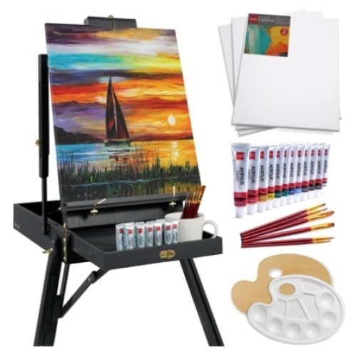 Portable Wooden French Easel w/ 32pc Beginners Kit, Black, Appears New - Lot 628
