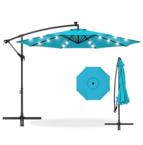 Solar LED Offset Hanging Patio Umbrella w/ Crank Tilt Adjustment, 10ft, Sky Blue, Appears New - Lot 644