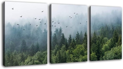 Green Forest Wall Art Tropical Virgin Forest Mountain Bird Contemporary Canvas PIctures Modern Artwork Framed for Bathroom Bedroom Nursery Living Room Home - Lot 1671