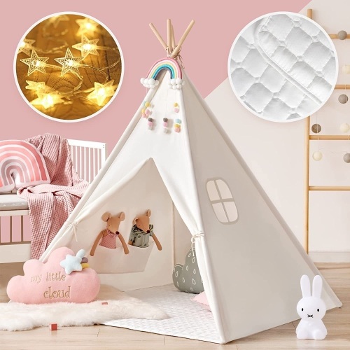 Tiny Land Large Kids Teepee Tent with Padded Mat & Carry Case- Kids Foldable Play Tent- Toys for 3,4,5,6 Year Old Girls, White Canvas - Lot 1686