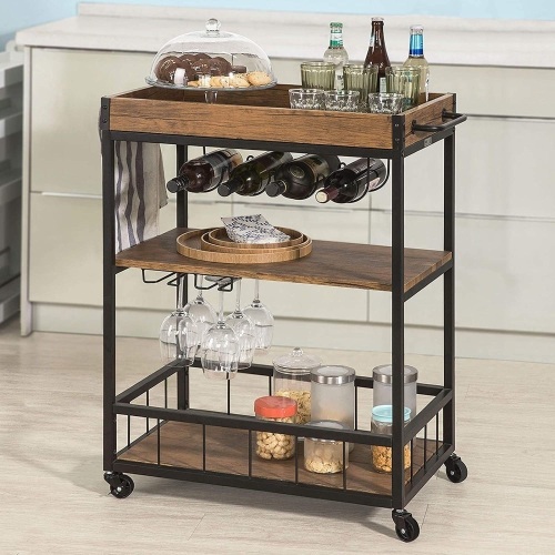 Haotian FKW56-N, Bar Serving Cart, Home Myra Rustic Mobile Kitchen Serving cart, Industrial Vintage Style Wood Metal Serving Trolley (Brown) - Lot 1867