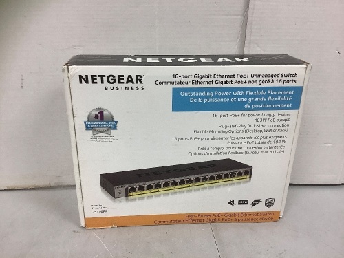 Netgear 16 Port Ethernet PoE+ Unmanaged Switch, Powers Up, Appears New - Lot 186