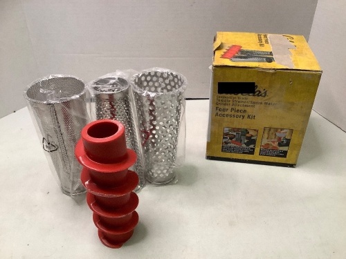 Commercial Grade Tomato STainer Grinder Attachement, Four Piece Accessoriy Kit, Appears New - Lot 323