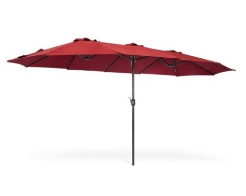 15x9ft Large Double-Sided Rectangular Outdoor Aluminum Twin Patio Market Umbrella w/ Crank, Red, Appears New - Lot 418