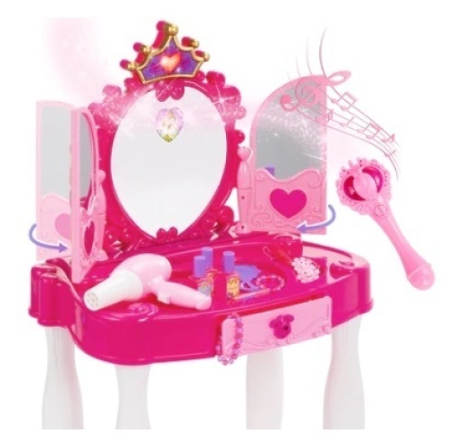Kids Princess Vanity Mirror w/ AUX Cable, Wand, Hairdryer, Accessories, Pink, Appears New - Lot 484