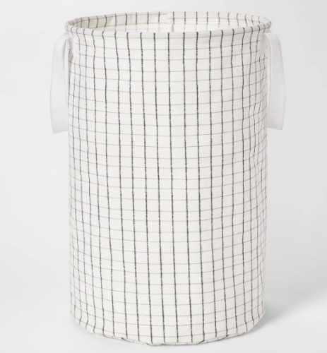 Room Essentials, Soft Sided Scrunchable Round Laundry Hamper (x4), White Grid Pattern, Appears New - Lot 518