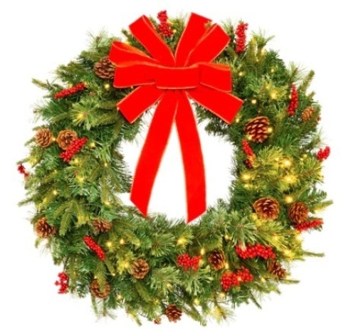 Pre-Lit Battery Powered Christmas Wreath w/ Lights, PVC Tips, Ribbon, 30in, Appears New - Lot 664