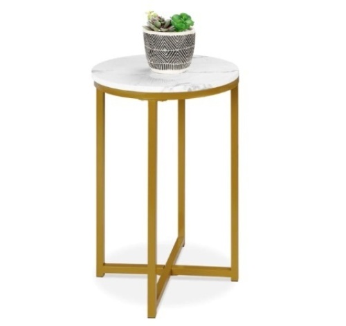 Round Coffee Side Table w/ Faux Marble Top, Metal Frame, 16in, White/Bronze Gold, Appears New - Lot 686