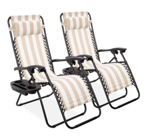 Set of 2 Adjustable Zero Gravity Patio Chair Recliners w/ Cup Holders, Tan Striped, Appears New/ Damamged Box - Lot 689