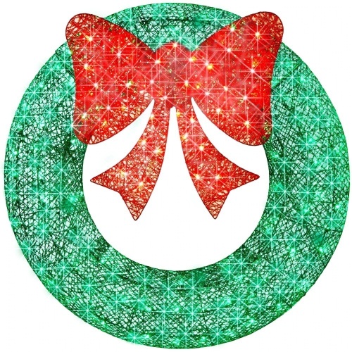 Pre-Lit Outdoor Christmas Wreath, LED Metal Holiday Decor w/ Bow- 48in - Lot 2075
