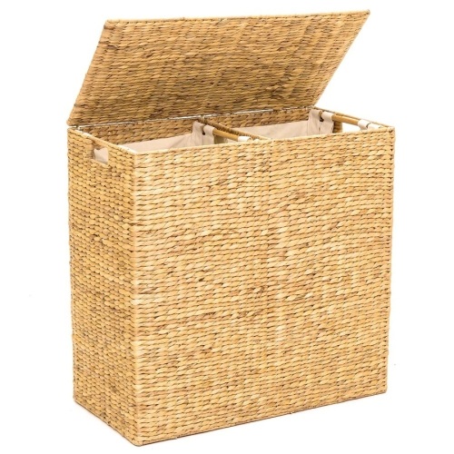 Extra Large Water Hyacinth Double Laundry Hamper Basket w/ 2 Liner Bags - Lot 2115