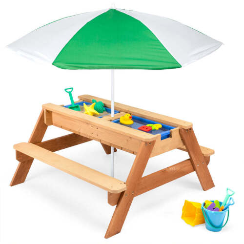 3-in-1 Kids Sand & Water Table Outdoor Wood Picnic Table w/ Umbrella - Lot 2129