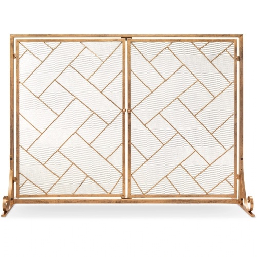 2-Panel Wrought Iron Geometric Fireplace Screen w/ Magnetic Doors - 44x33in - Lot 2139