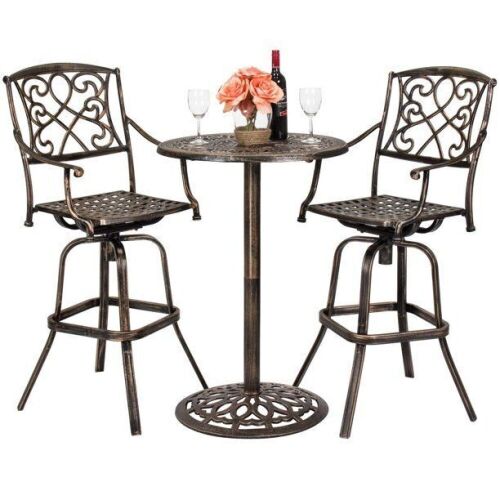 3-Piece Outdoor Cast Aluminum Bar Height Patio Bistro Set w/ 2 360-Swivel Chairs - Antique Copper - Lot 57