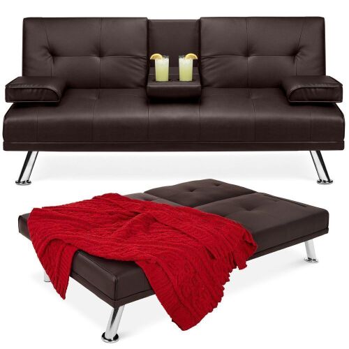 Faux Leather Upholstered Convertible Sofa Bed Futon w/ 2 Cupholders - Lot 68