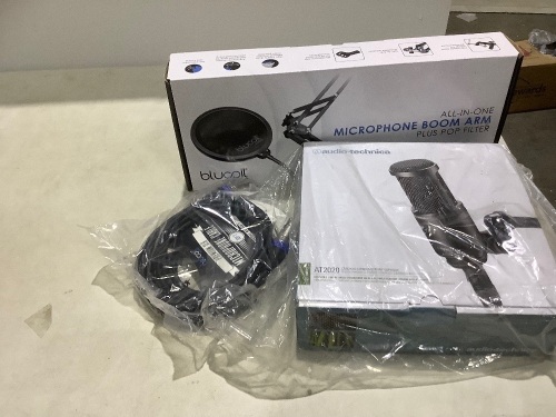 Audio-Technica AT2020 Cardioid Condenser Studio XLR Microphone, Blucoil All-in-One Microphone Boom Arm Plus Pop Filters & Bluecoil Audio Premium XLR Microphone Cable  - Lot 79