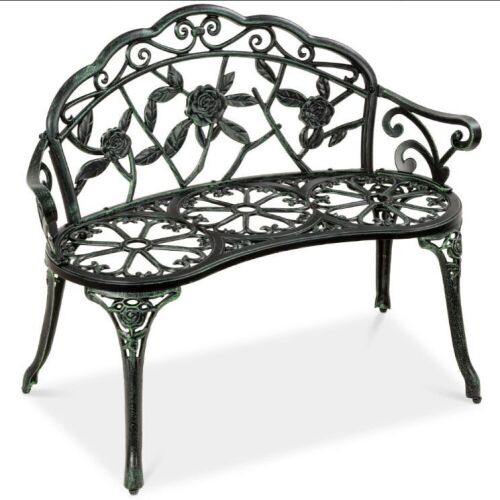 Steel Garden Bench Outdoor Patio Furniture w/ Floral Rose Accent - 39in - Lot 378