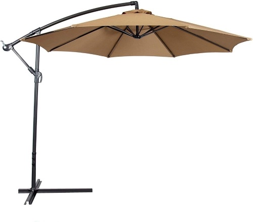 10ft Offset Hanging Aluminum Polyester Market Patio Umbrella w/ 8 Ribs and Easy Tilt Adjustment, Beige   - Lot 384