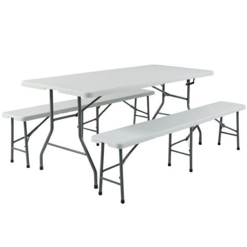 3-Piece 6ft Portable Folding Weather-Resistant Resin Table and Bench Set Combo - Lot 510