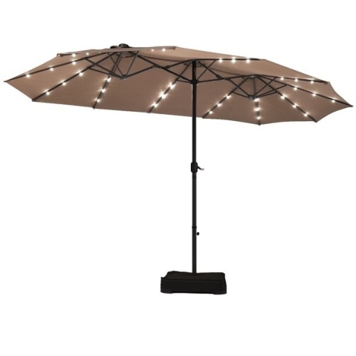 15Ft Patio Double-Sided Solar LED Market Umbrella Crank Base Tan  - Lot 511