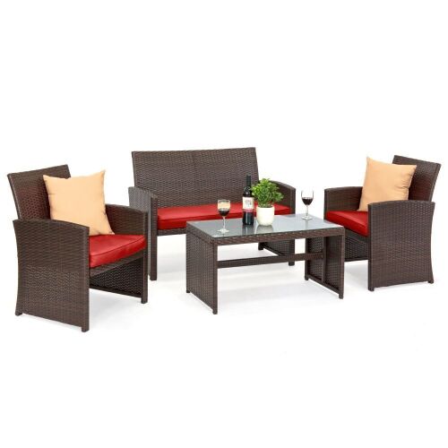 4-Piece Outdoor Wicker Conversation Patio Set w/ 4 Seats, Glass Table Top - Lot 514