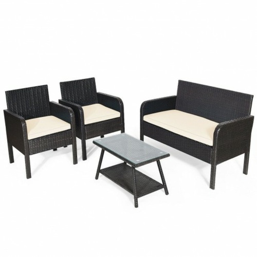 4 Piece Patio Rattan Wicker Furniture Set w/ White Cushions - Lot 517