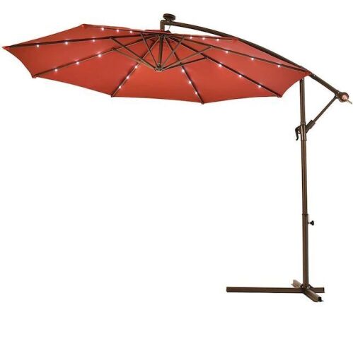 10 ft. Steel Market Hanging Solar LED Patio Umbrella with Base - Dent on Inside of Bottom Pole  - Lot 524
