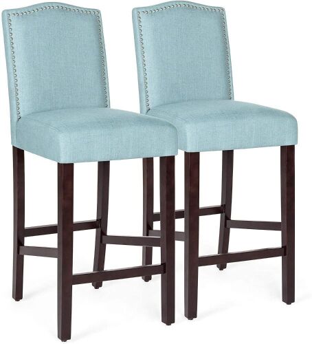 30in Contemporary Upholstered Linen Counter Height Armless Backed Bar Stool Chairs w/Studded Nail Head Trim, Set of 2  - Lot 534