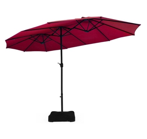 15 ft. Market Double Sided Outdoor Patio Umbrella in Burgundy with Crank and Base  - Lot 559