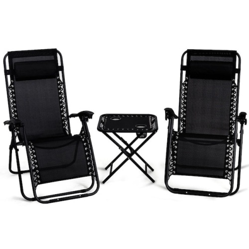 3-Piece Metal Folding Portable Zero Gravity Outdoor Lounge Chair in Black with Side Table - Lot 656