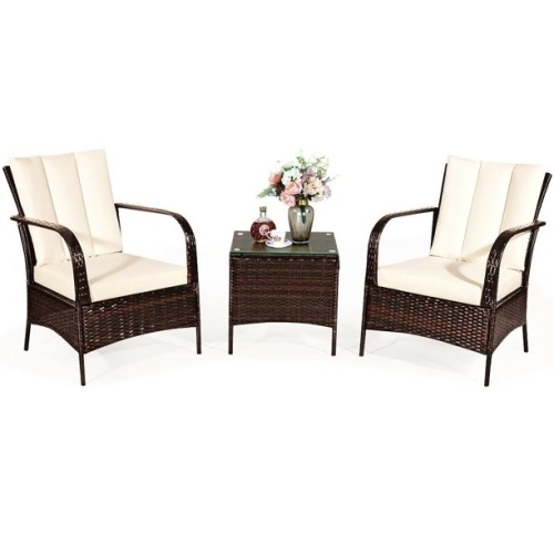 3-Piece Wicker Patio Conversation Set with White Cushions  - Lot 682