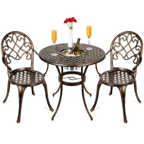 Cast Aluminum Outdoor Patio Bistro Table Set w/ Attached Ice Bucket, 2 Chairs, Copper Finish - Lot 691